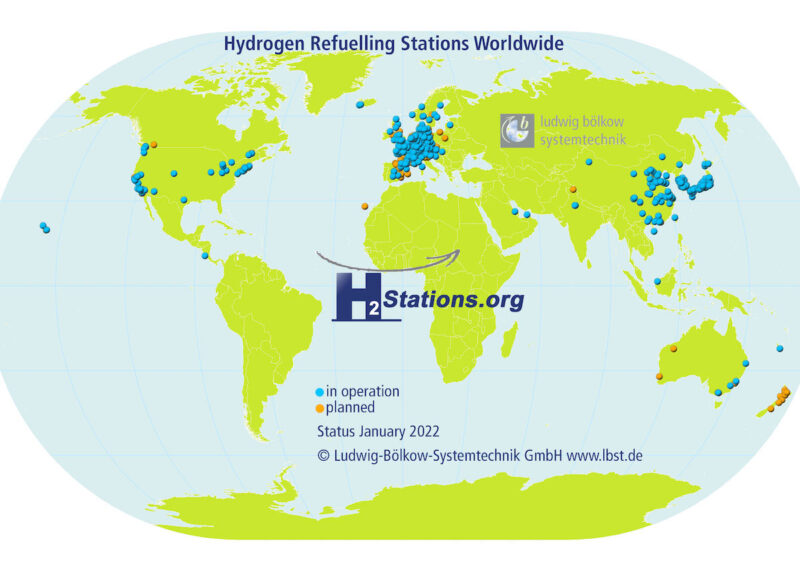 Weltkarte mit Wasserstoff-Tankstellen