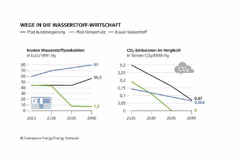 Eine Grafik zeigt Kosten und Klimafolgen verschiedener Wasserstoffsorten.