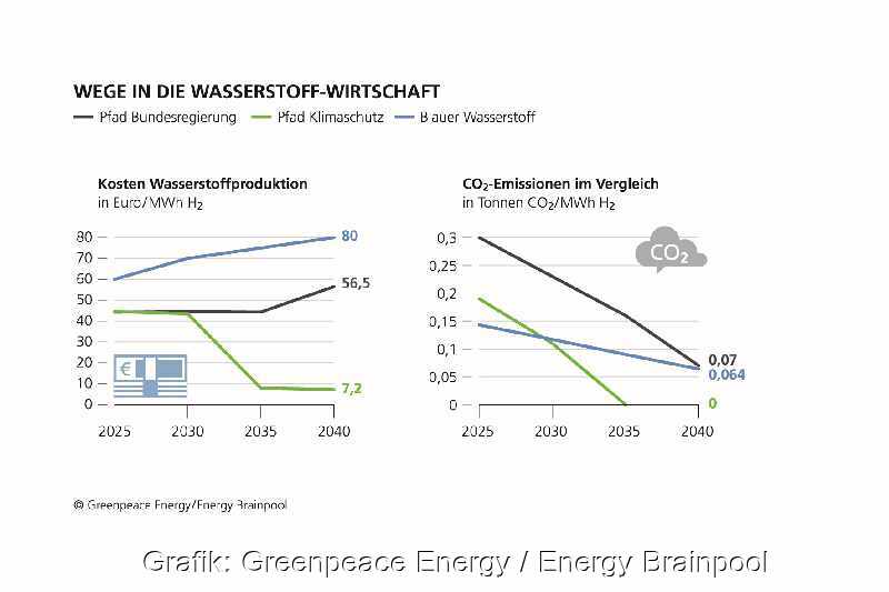 Eine Grafik zeigt Kosten und Klimafolgen verschiedener Wasserstoffsorten.