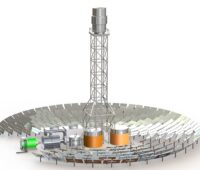 Zu sehen ist eine schematische Darstellung eines solarthermischen Turmkraftwerkes. Solarthermische Kraftwerke mit Salzschmelze als Wärmetrager benötigen ein Temperaturmanagement.