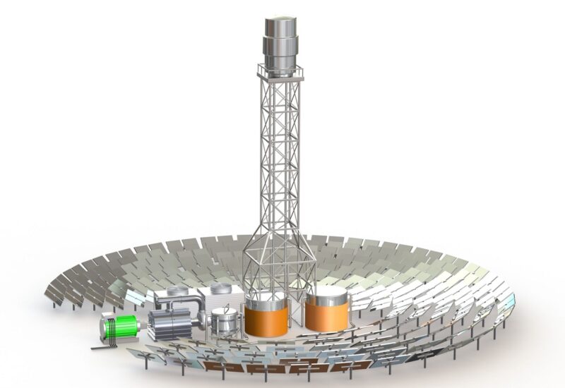 Zu sehen ist eine schematische Darstellung eines solarthermischen Turmkraftwerkes. Solarthermische Kraftwerke mit Salzschmelze als Wärmetrager benötigen ein Temperaturmanagement.