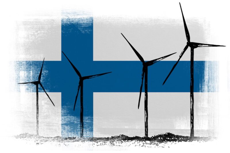 Finnland Flagge mit Windenergie-Anlagen