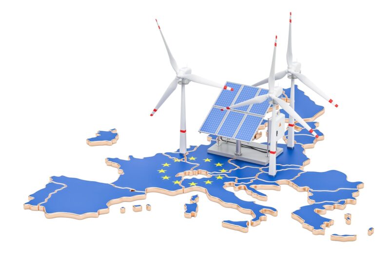 Grafik zeigt EU-Karte mit Modell von Windenergie- und PV-Anlage.
