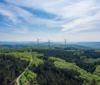Aufnahme aus der Luft von Wald mit drei Windenergie-Anlagen weiter hinten im Bild.