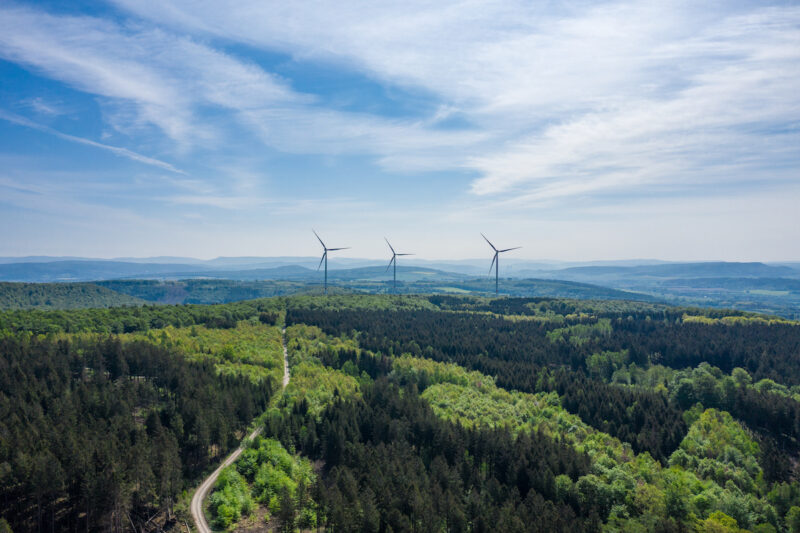 Aufnahme aus der Luft von Wald mit drei Windenergie-Anlagen weiter hinten im Bild.