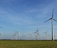 Windenergieanlagen auf flachem Terrain bis zum Horizont unter blauem Himmel.