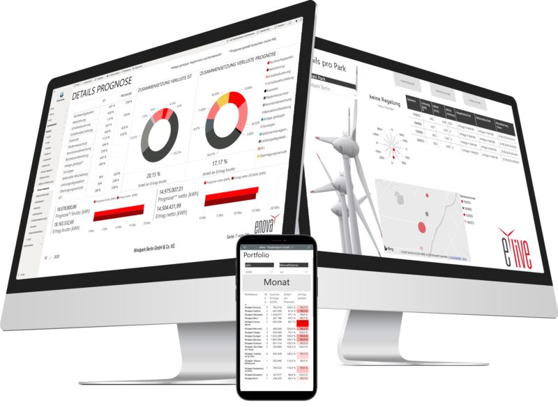 Zu sehen ist die Software e.live für Windparks auf dem Tablet und dem Smartphone.