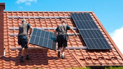 Im Bild zwei Männer, die ein Photovoltaik-Modul auf ein Dach schleppen, die Initiative SolAixQ ⎼ Solar lernen im Aachener Quartier bildet Solarhelfer:innen aus.