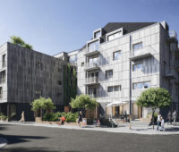 Innovatives Gebäude mit Holzverkleidung