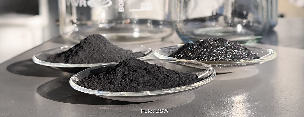 Kohlenstoffproben aus Kunststoffabfall, die wie Graphit in Batteriezellen eingesetzt werden können.