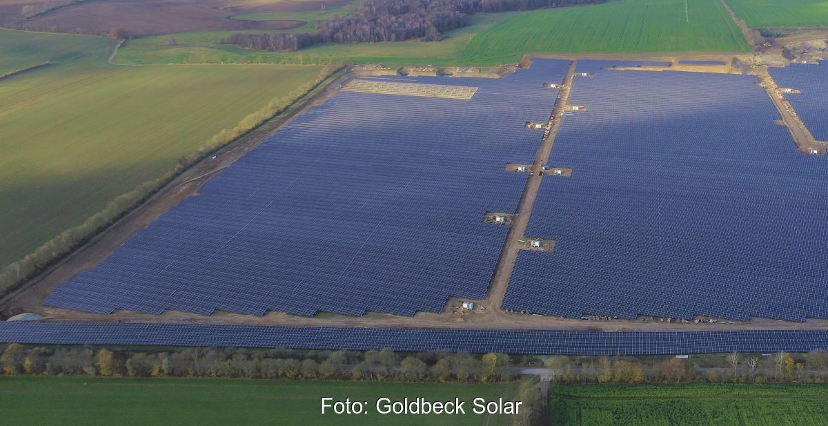 Luftbild einer großen PV-Freiflächenanlage auf grüner Wiese.