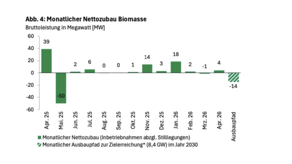 Die Abbildung zeigt ein Säulendiagramm mit grasgrünen Balken, Zeitraum April 2025 bis April 2026, Angabe Bruttoleistung in Megawatt für den monatlichen Nettozubau Biomasse.