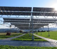 Unter hoch augeständerten Solarmodulen breitet sich eine Grünflcähe mit einem Traktor aus.