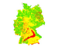 In Ampelfarben eingefärbte Geothermie-Karte von Deutschland vor weißem Hintergrund.