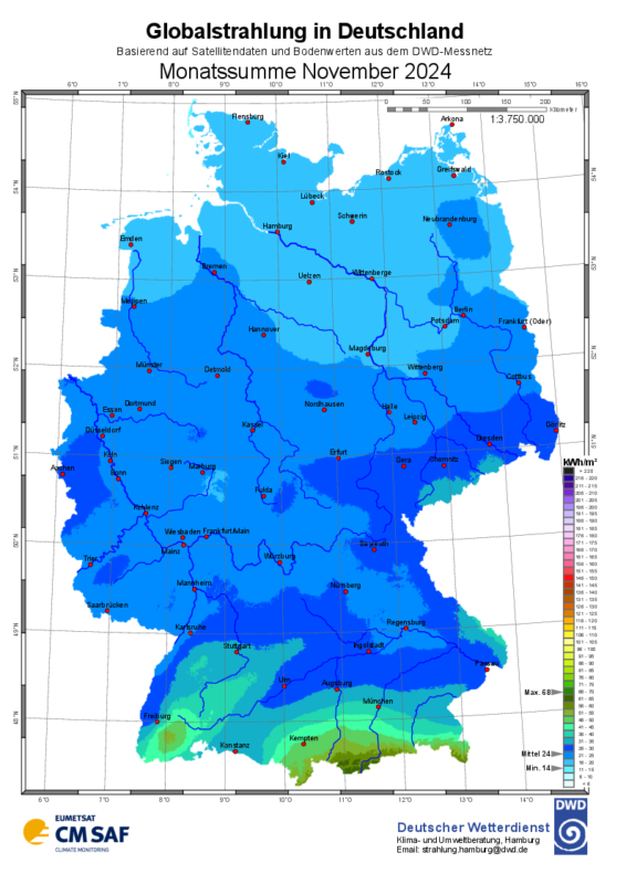Karte von Deutschland zeigt Solarstrahlung im November 2024.
