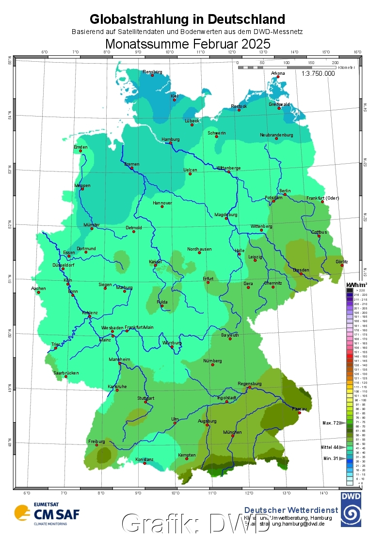 Deutschlandkarte mit Zonen unterschiedlicher Solareinstrahlung im Februar 2025.