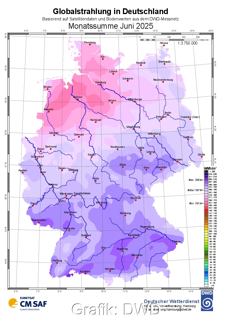 Deutschland-Karte mit der Sonneneinstrahlung im Juni 2025.