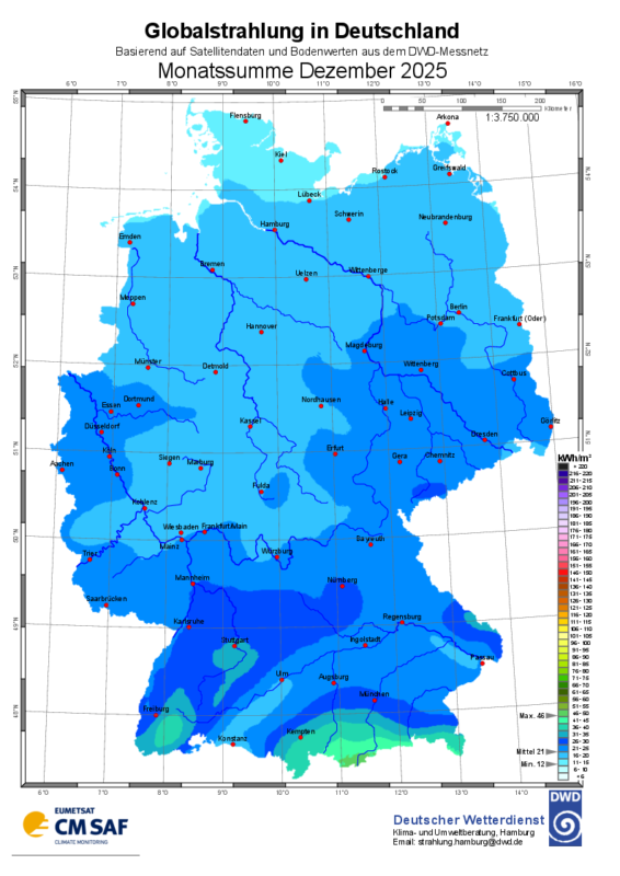 Deutschlandkarte mit Verteilung der Sonneneinstrahlung im Dezembver 2025.
