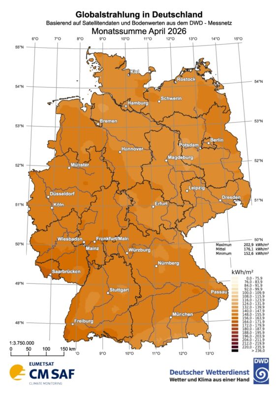 Deutschlandkarte mit Verteilung der globalen Strahlungsdaten für April 2026