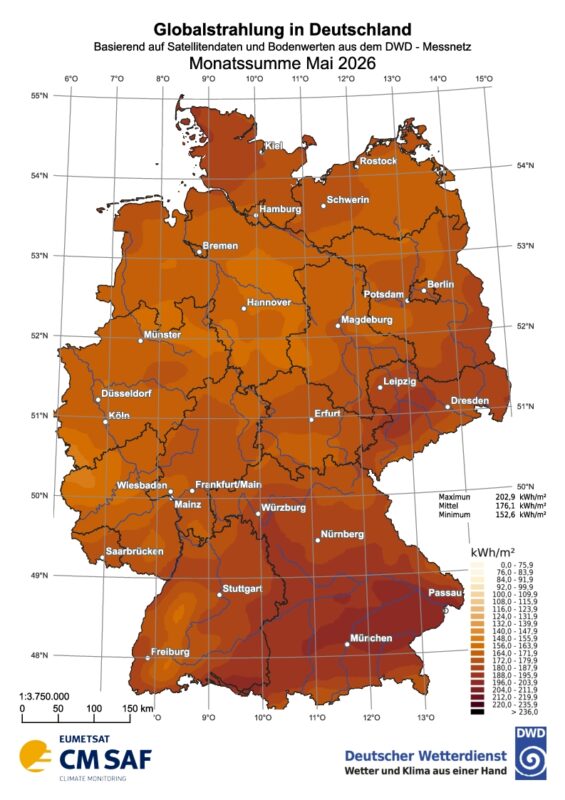 Deutschlandkarte mit Verteilung der globalen Strahlungsdaten für Mai 2026
