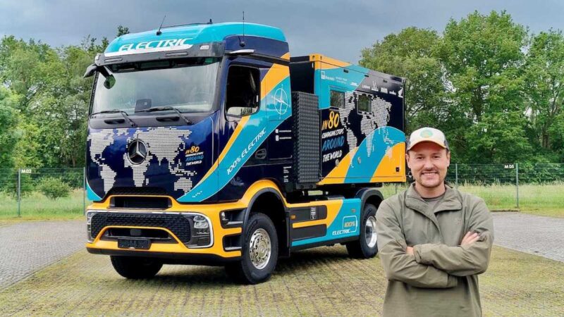 Tobias Wagner steht vor dem blau-orange folierten Elektro-Lkw eActros 600 mit Wohnmobil-Aufbau und Weltkartenmotiv.