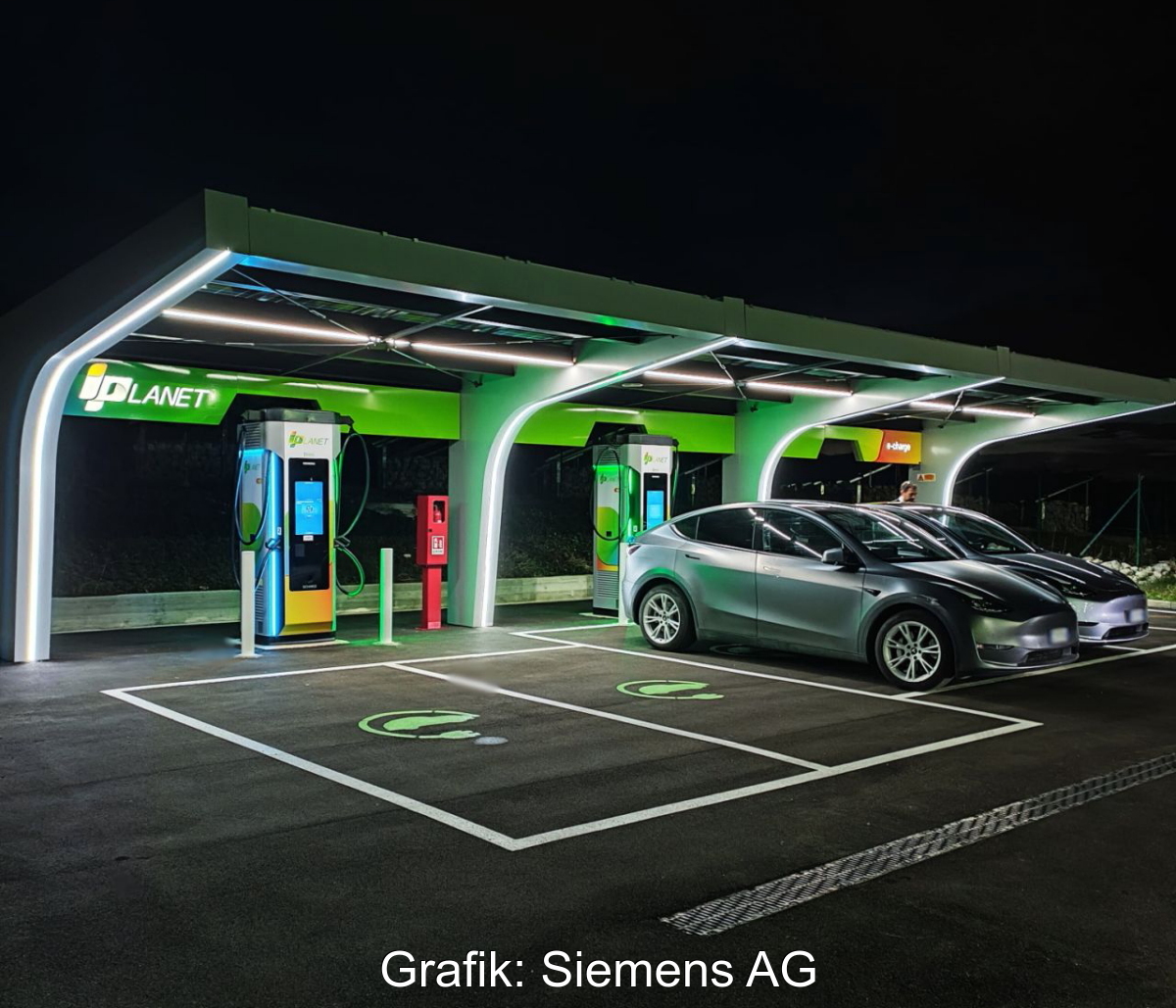 Grafik zeigt Fahrzeuge an einer Ladeinfrastruktur.