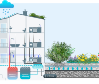 Schematische Darstellung eines Wohngebäudes im Querschnitt: Duschgrauwasser wird zur Wärmerückgewinnung und Wiederverwendung aufbereitet. Regenwasser gelangt in bepflanzte Bodenfilter.