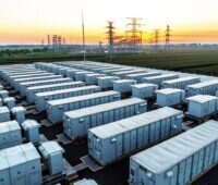 Mehrere Reihen mit Containern (Großspeicher), im Hintergrund Hochspannungsmasten