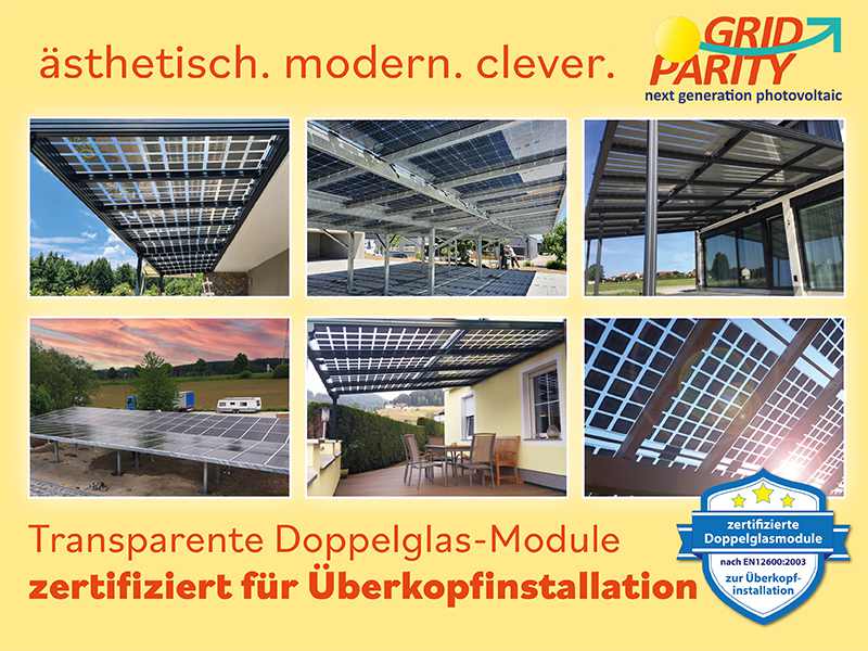 Grid Parity: Ästhetisch Modern Clever, Transparente Doppelglas-Module Zertifieziert für Überkopfinstallation