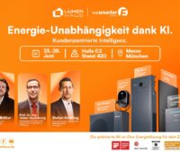 Energie-Unabhängigkeit dank KI. Kundenzentrierte Intelligenz. 23. bis 25.6. Halle C2 Stand 420. Messe München/The SmarterE. Zu sehen sind drei Portraits von Adrian Bühler (Marketing Direktor Lumen Haus), Prof. Dr. Ing. Volker Quaschning (HTW Berlin), Stefan Kießling (Markenbotschafter Lumenhaus) sowie Abbildungen der Lumenhaus Produkte (Wärmepumpe, E-Charger, Speicher und Photovoltaikmodule)
