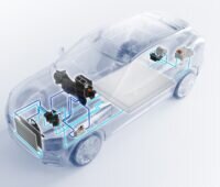 Im Bild eine Grafik eines durchsichtigen E-Autos, die die wesentlichen Komponenten des Antriebs und der Thermomanagementlösungen für Festkörperbatterien zeigt.