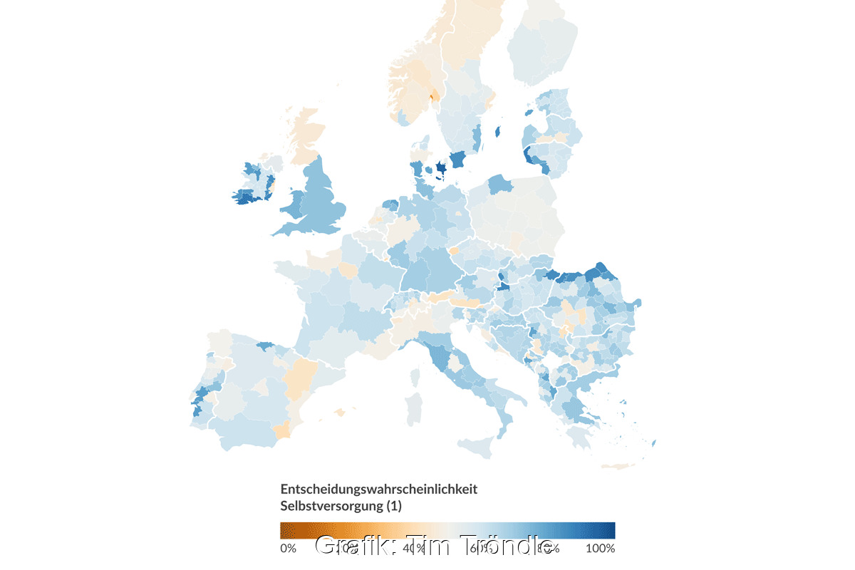Landkarte Europas, die die Präferenzen für Erneuerbare Energien zeigt.