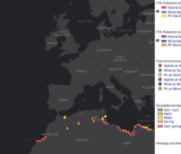 schwarz-graue Karte von Europa und Nordafrika mit roten und gelben Punkten an der afrikanischen Küste - der Potenzial-Atlas für Power-to-X