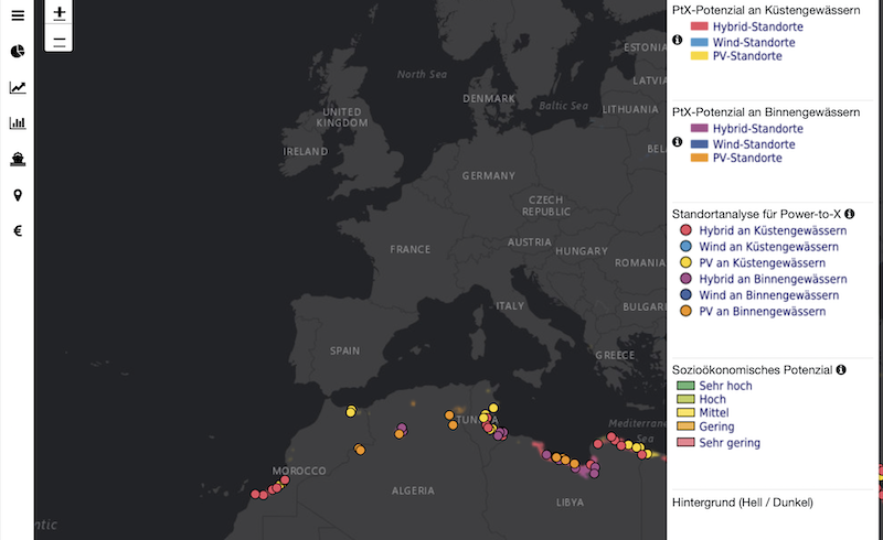schwarz-graue Karte von Europa und Nordafrika mit roten und gelben Punkten an der afrikanischen Küste - der Potenzial-Atlas für Power-to-X