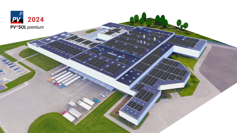 Dach eines großen flachen Gebäudes mit PV-Modulen in einer Grafik dargestellt, Schriftzug PV Sol premium 2024, Solar Planung mit der neuen Software