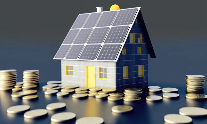 Ein Haus mit Solaranlage und Geldmünzen, die Preise für Photovoltaik-Module im Juni 2025 sind leicht gefallen.