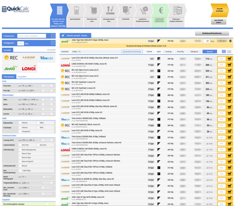 Beispielabbildung der neuen QuickCalc Software von EWS