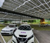 Parkende Elektroautos unter einem Solarfaltdach in der Schweiz.