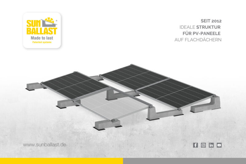 Zu sehen ist ein Sunballast Montagesystem für Flachdächer. Text: Seit 2012. Ideale Struktur für PV-Paneele auf Flachdächern.
