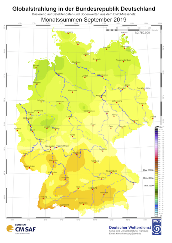 Strahlungskarte: Globalstrahlung in der Bundesrepublik Deutschland, Monatssummen September 2019