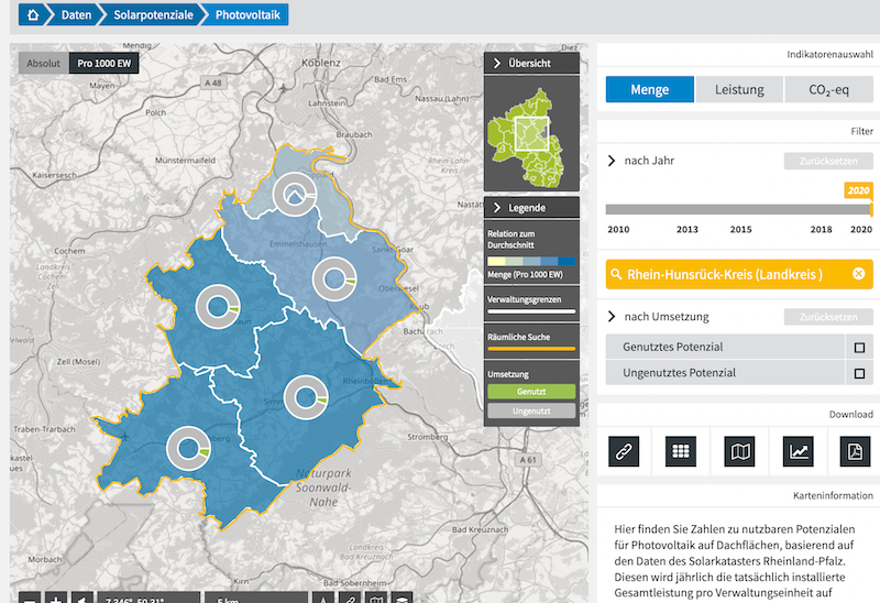 Screenshot von Kartenansicht Solarpotenzial im Energieatlas Rheinland Pfalz