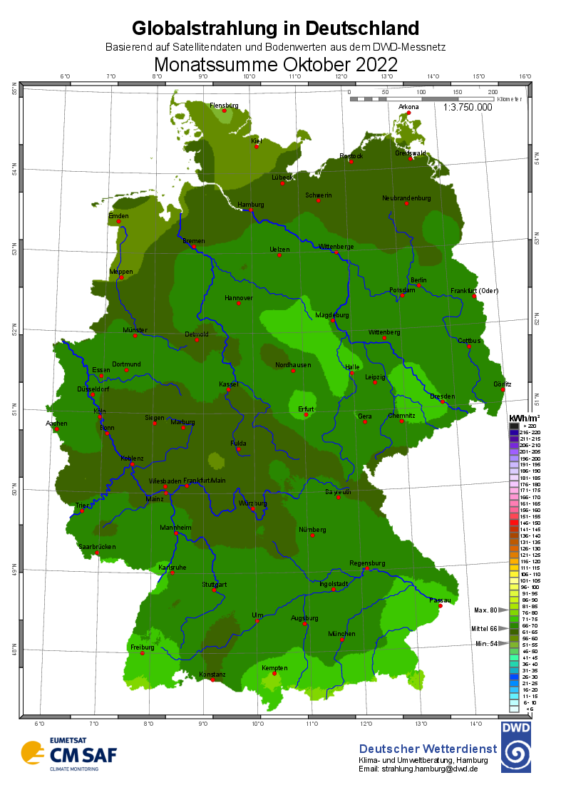 Karte der Solareinstrahlung über Deutschland im Oktober 2022