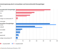 Balkendiagramm zeigt Anteil der Energieträger an inländischer Stromerzeugung im Q1 2024 und 2025.