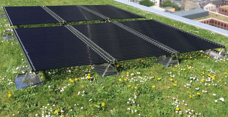 Eine Solaranlage mit röhrenförmigen Modulen auf einem begrünten Dach.