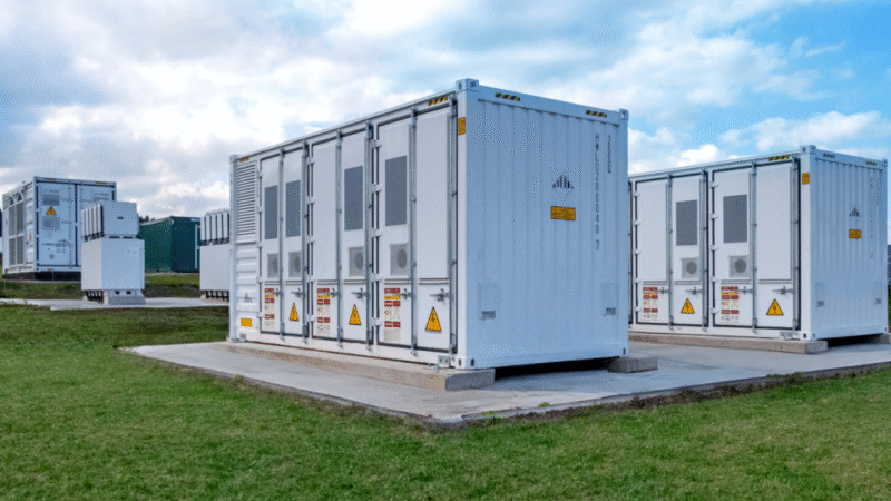 Verschiedene Batteriespeichersysteme in Containern stehen neben und hintereinander auf Fundamenten im Rasen.